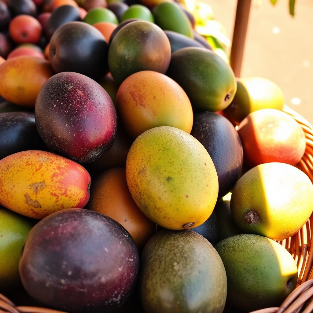 Basket of fresh mangoes and avocados