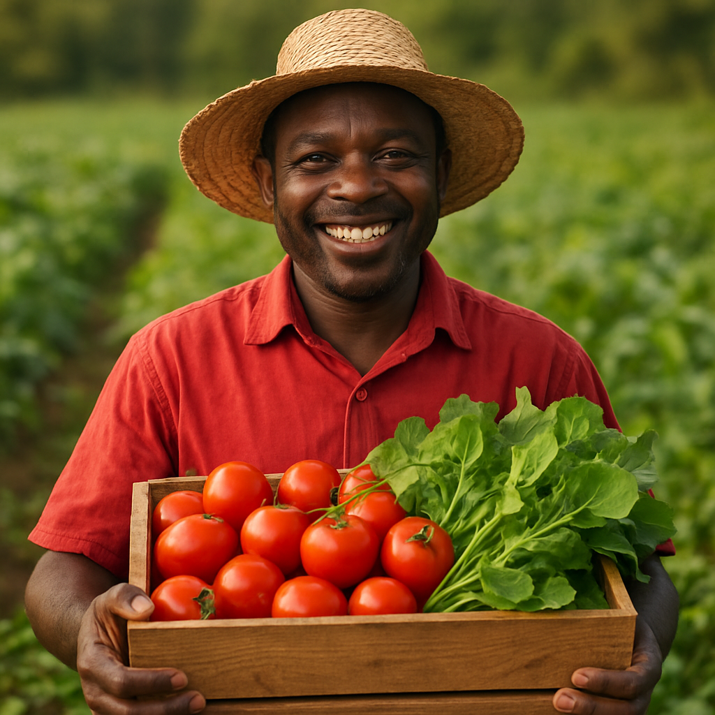 Smiling Kenyan farmer holding a crate of fresh harvested produce