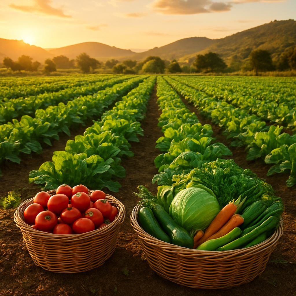 Lush Kenyan vegetable farm at golden hour with baskets of fresh produce