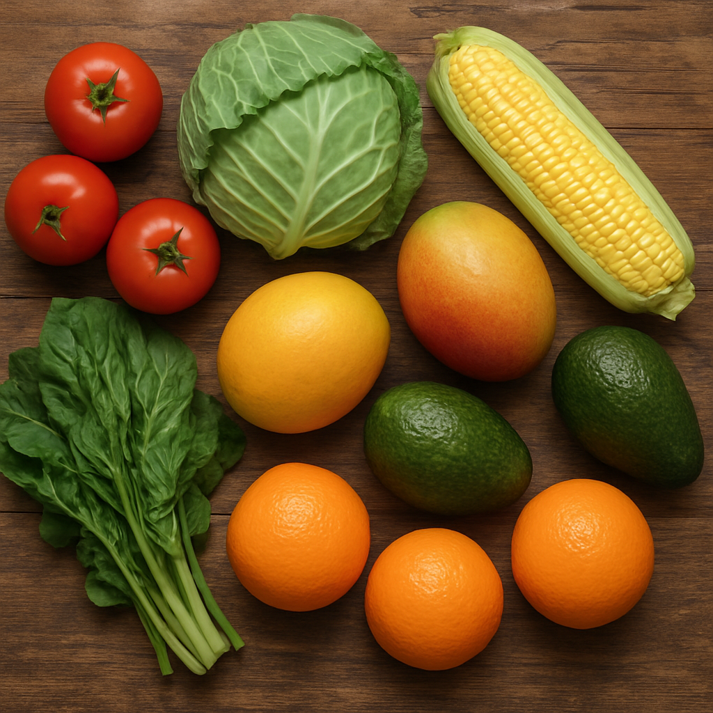 Flat lay of fresh colorful Kenyan produce on a wooden table